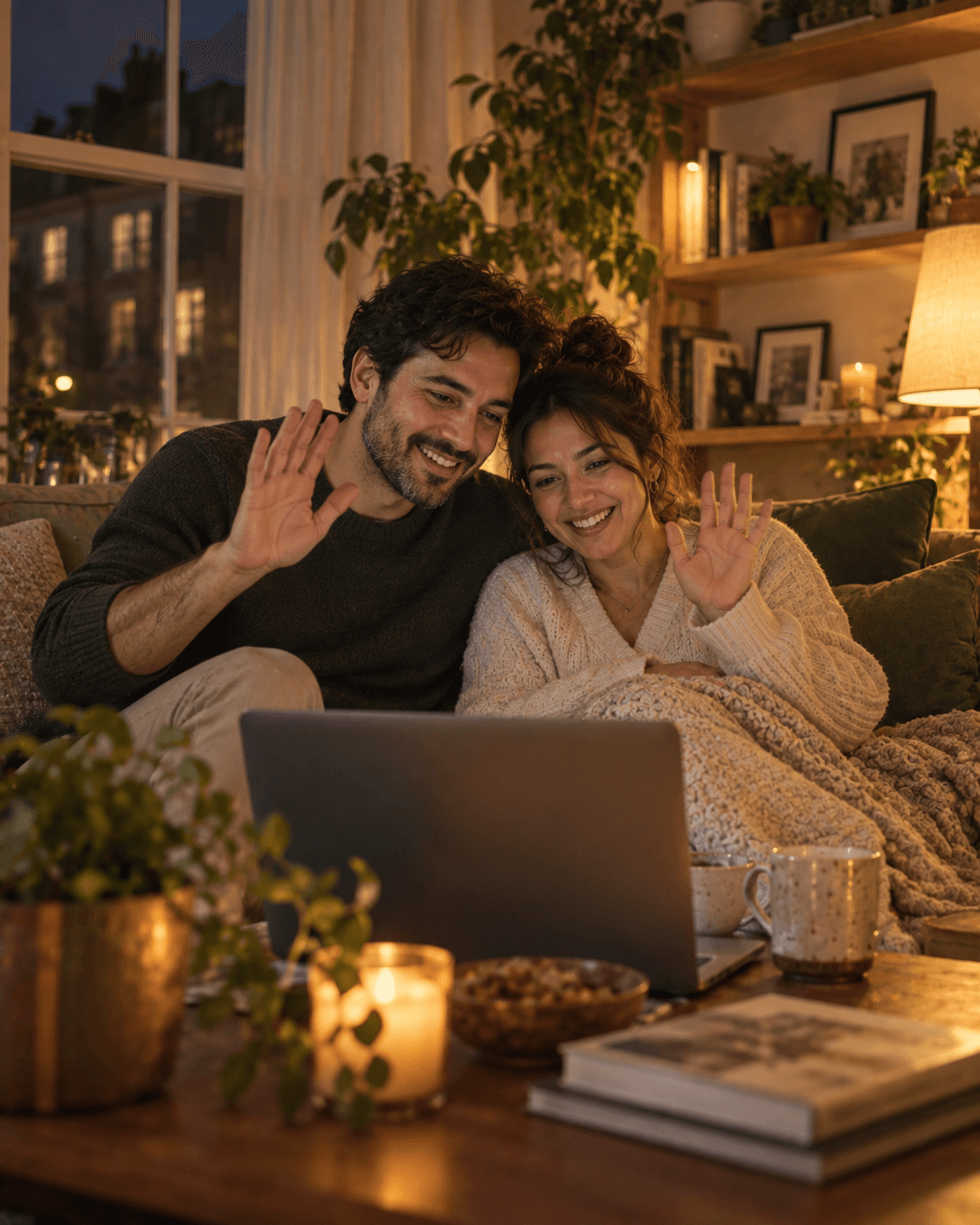 A couple on a sofa in the evening, waving at a video call on their laptop