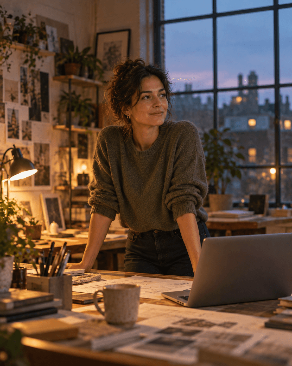 A woman leaning on a studio worktable at dusk beside her laptop and sketches, smiling