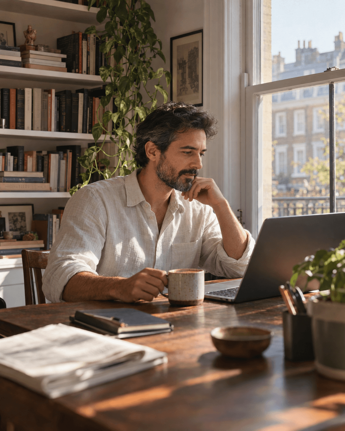 A man at a sunlit desk by a tall window, coffee in hand, thinking over his laptop