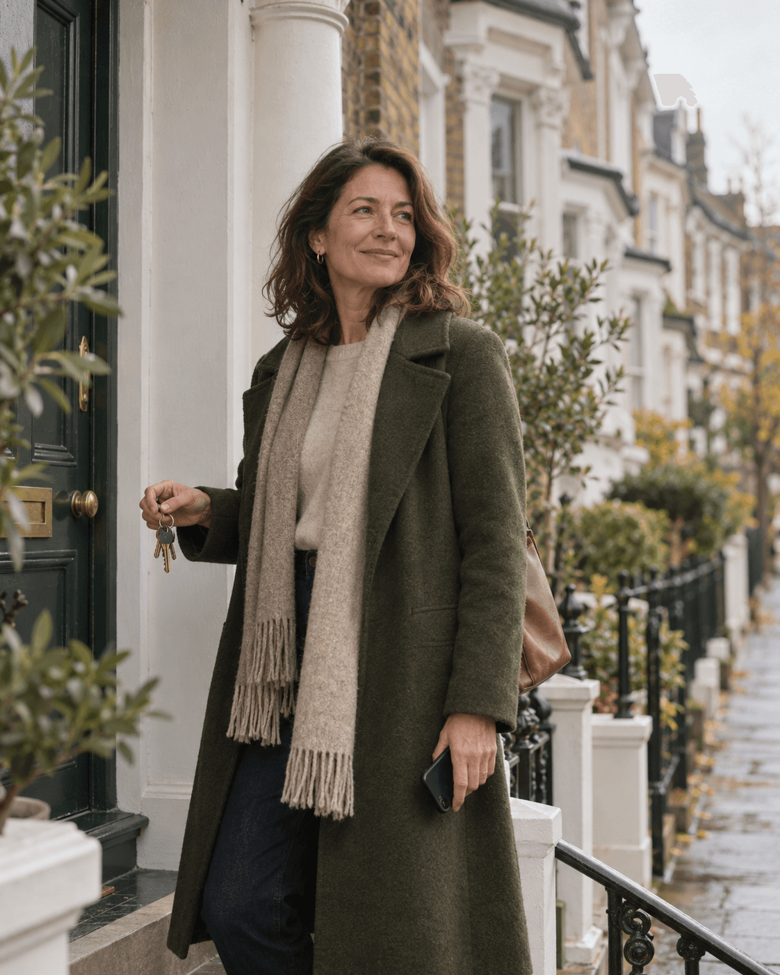 A woman holding keys on the steps of a terraced house with a green front door